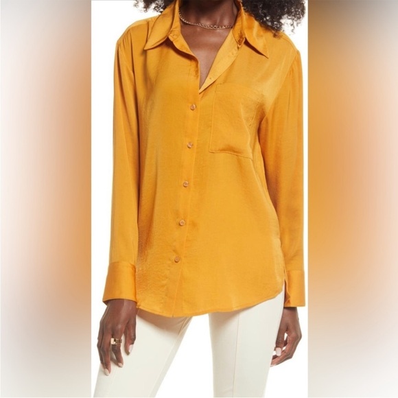 Open Edit Mustard Yellow Satin Button Up Blouse Medium - Picture 1 of 8